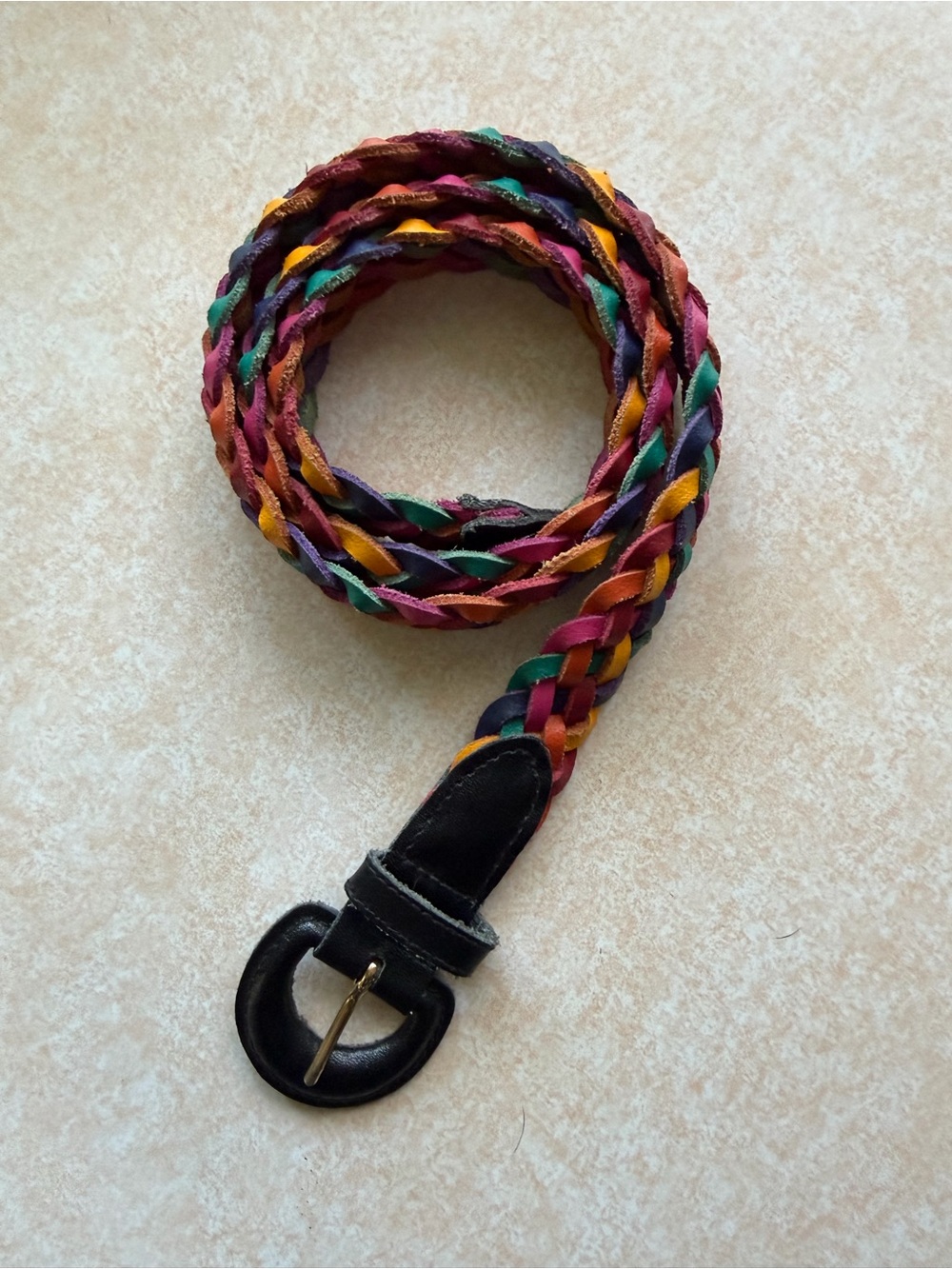 Vintage Rainbow Braided Leather Belt Womens Medium Multicolor Woven Boho Western
